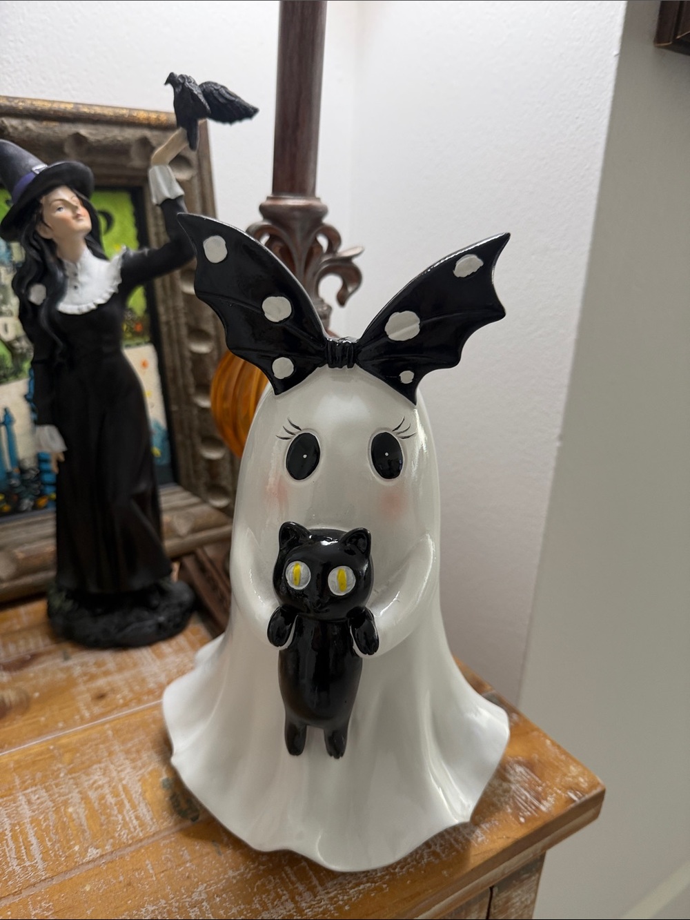 Halloween Ghost Figurine with Black Bat Bow and Black Cat Accent Holiday Decor